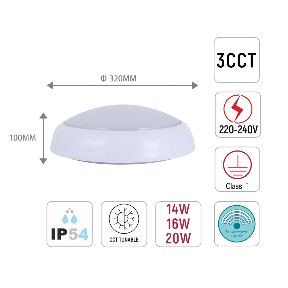 Size and technical specs of the LED Paladin Bulkhead 14-16-20 W 3CCT IP54 with White Rim-118-03618