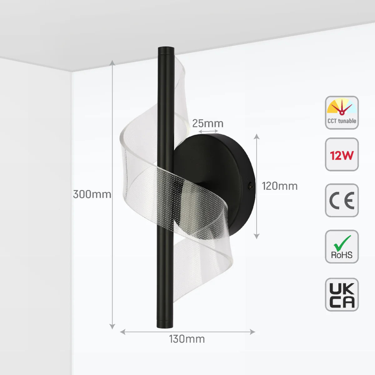 Size and certifications of LED Spiral Modern Wall Sconce Light Chrome CCT Changable 151-19700