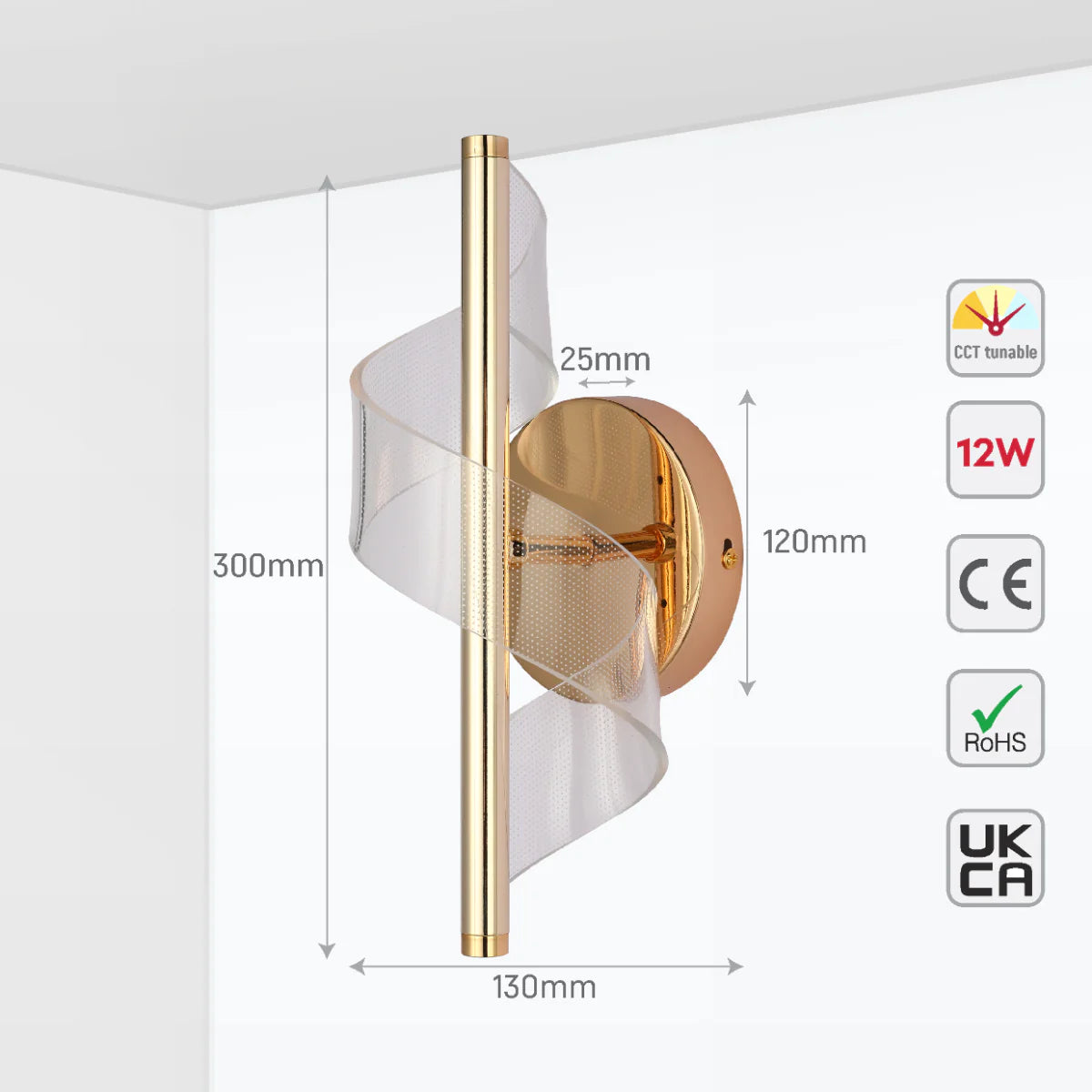 Size and certifications of LED Spiral Modern Wall Sconce Light Chrome CCT Changable 151-19704