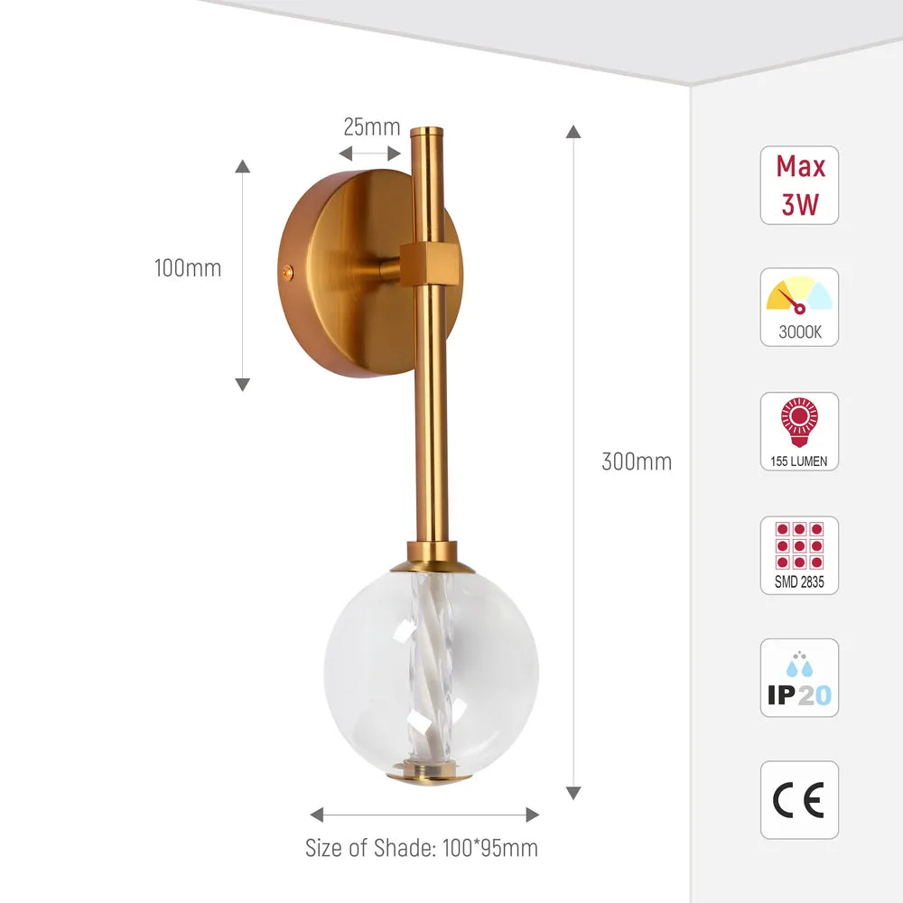 Size and technical specs of the LED Wall Light 39308-1C Clear Glass 3000K(TEKLED)-151-20042-151-20042