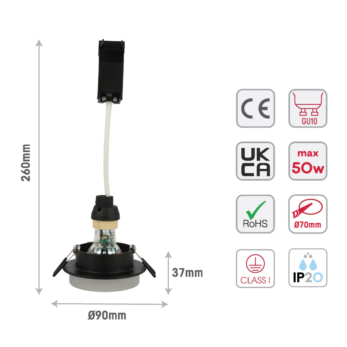 Size and certifications of Low-Glare GU10 Fixed Downlight - Opal Acrylic & Die-Cast Aluminum 143-04042