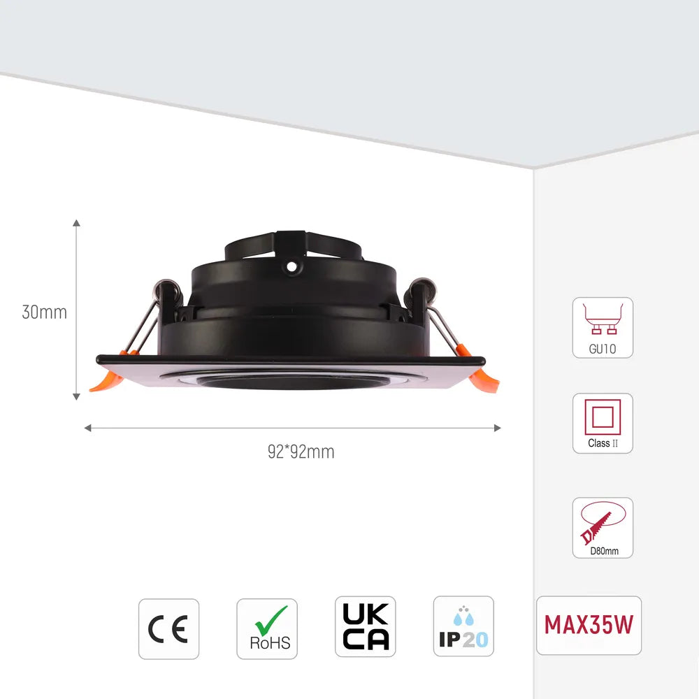 Size and technical specs of the Low UGR Fixed Recessed GU10 Downlighter Square-143-03400