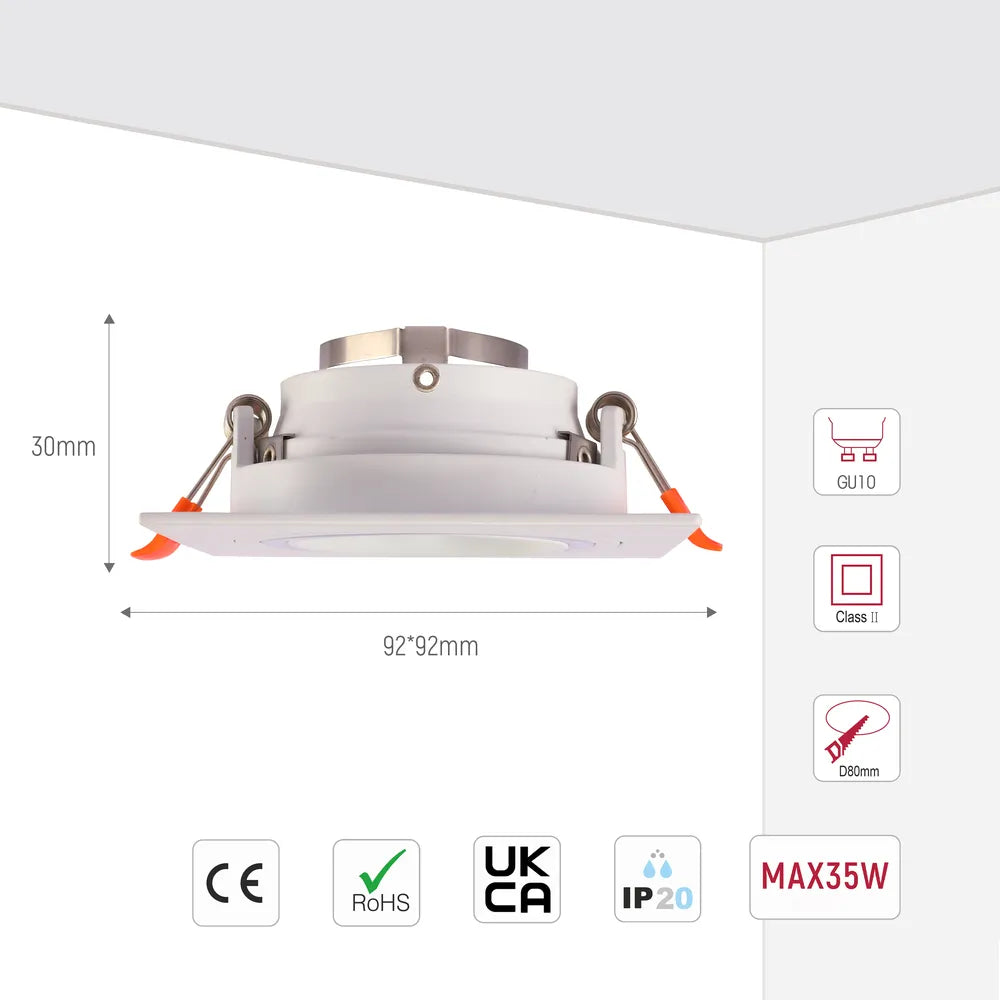 Size and technical specs of the Low UGR Fixed Recessed GU10 Downlighter Square-143-03401