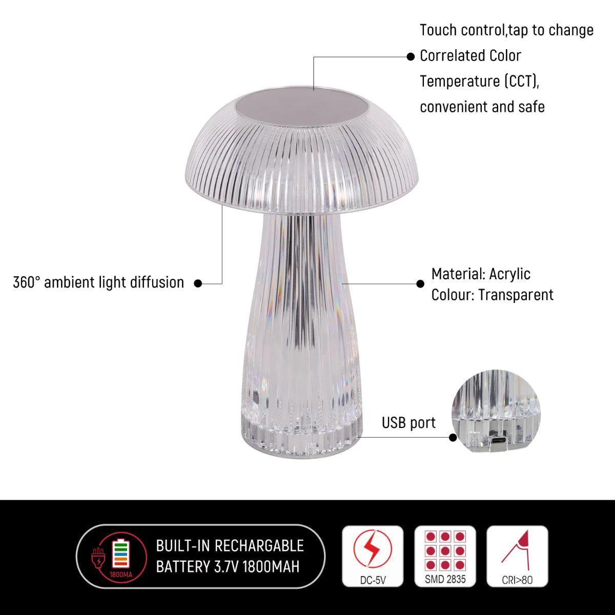 Close shots of Lumi Crystal Touch: Rechargeable Mushroom-Shaped LED Lamp 130-03716