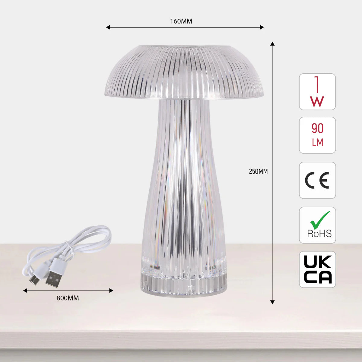 Size and certifications of Lumi Crystal Touch: Rechargeable Mushroom-Shaped LED Lamp 130-03716