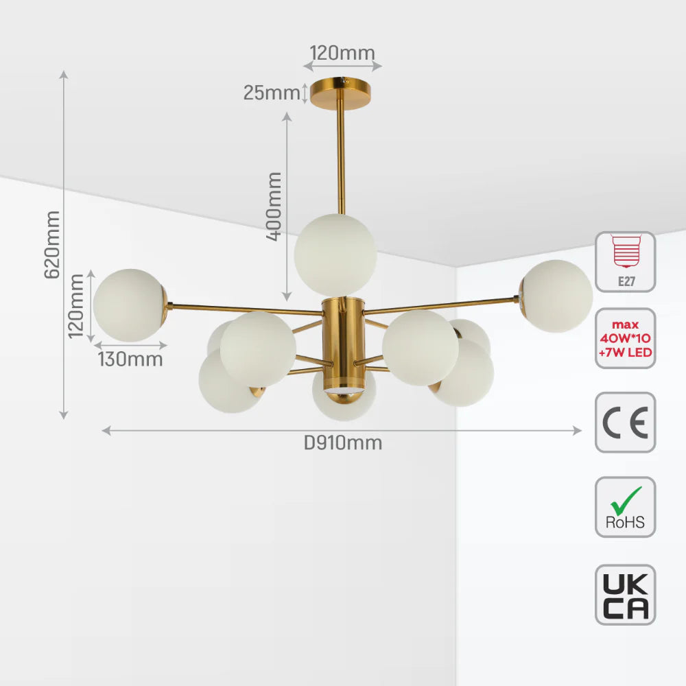 Size and tech specs of Luminary Opal Globe Chandelier | LED Illumination | Single or Dual Tier | TEKLED 158-19544