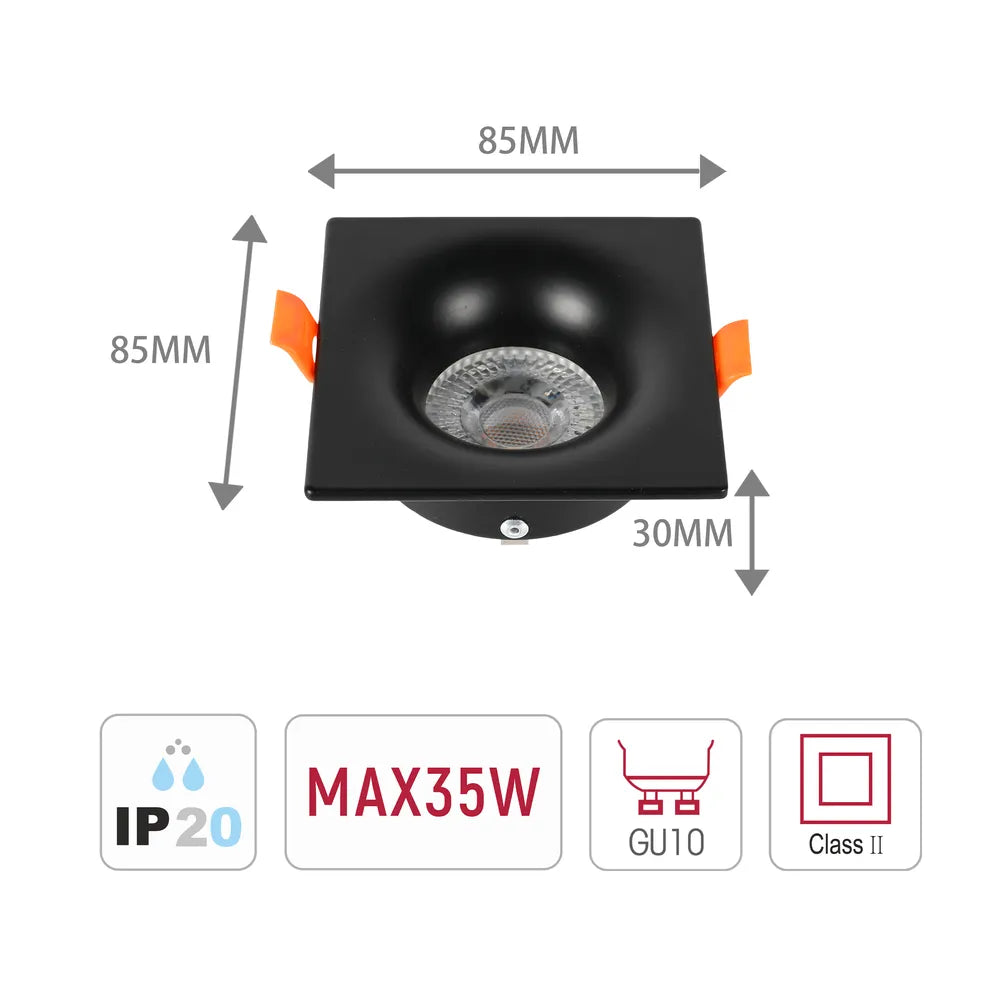 Size and technical specs of the Lunar Low-Glare Square Fixed Recessed GU10 Downlight-143-03994