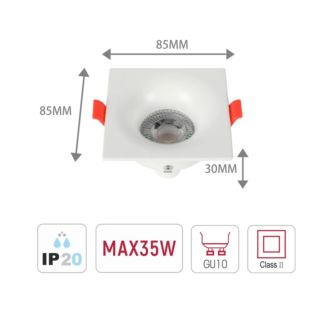 Size and technical specs of the Lunar Low-Glare Square Fixed Recessed GU10 Downlight-143-03995