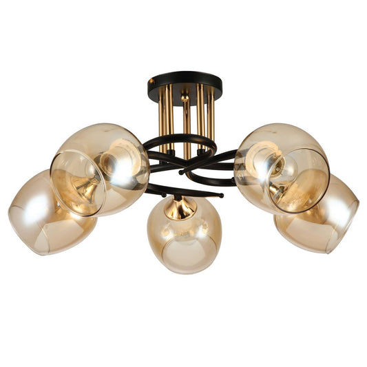 Amber Bell Glass Black Gold Metal Semi Flush Ceiling Light