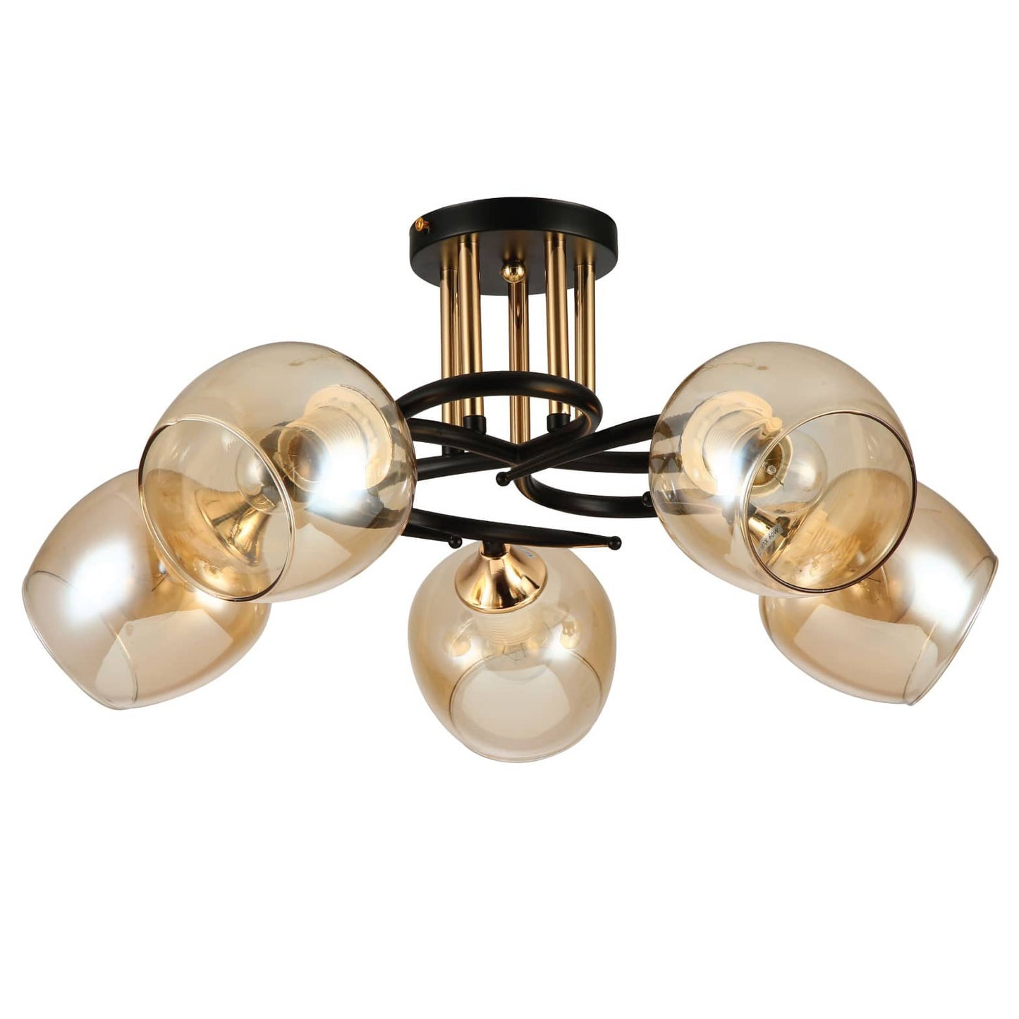Amber Bell Glass Black Gold Metal Semi Flush Ceiling Light