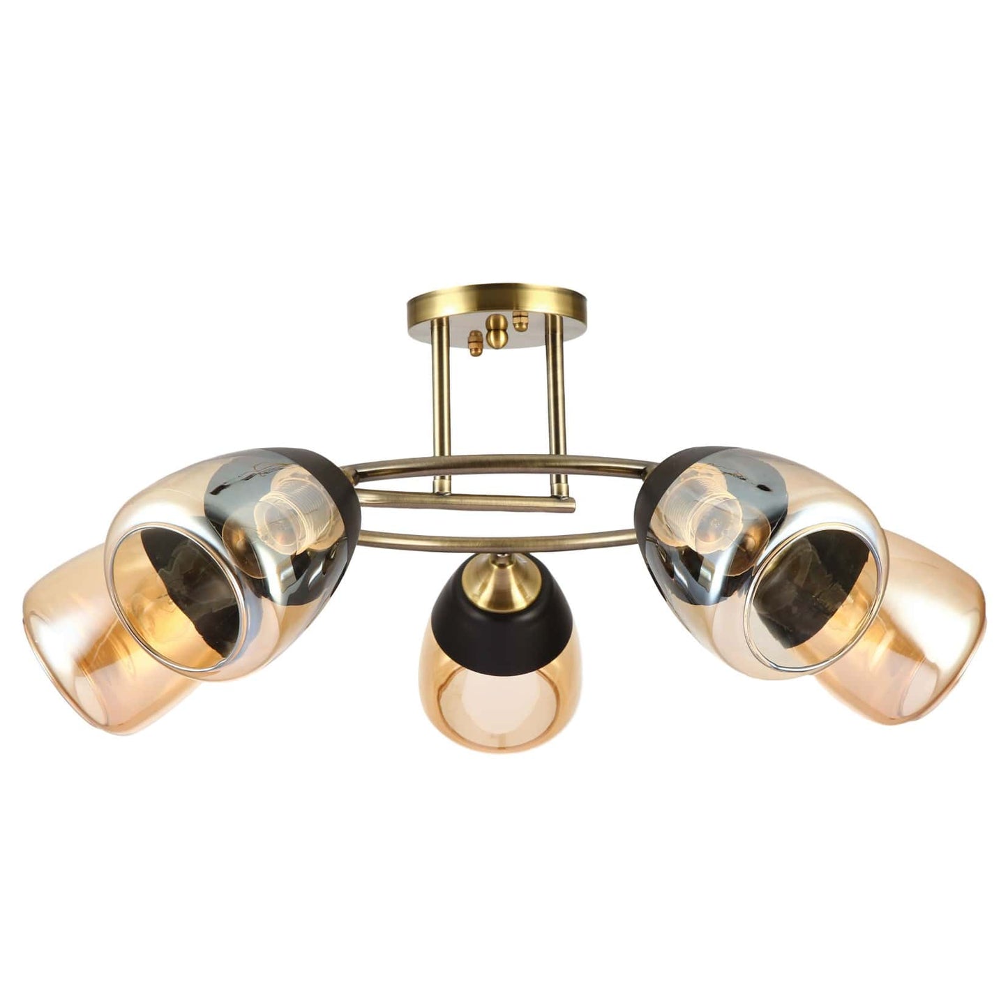 Amber Black Bell Glass Antique Brass Metal Spiral Semi Flush Ceiling Light