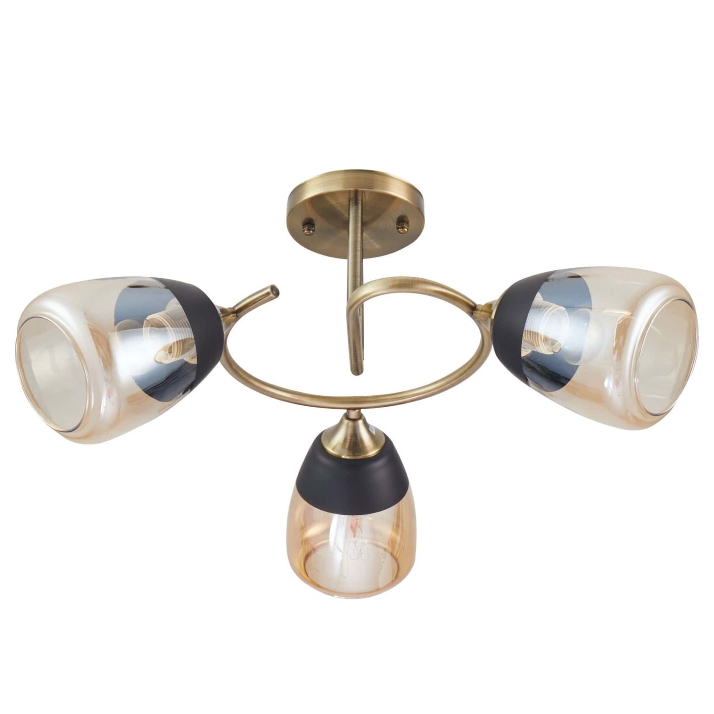 Amber Black Bell Glass Antique Brass Metal Spiral Semi Flush Ceiling Light