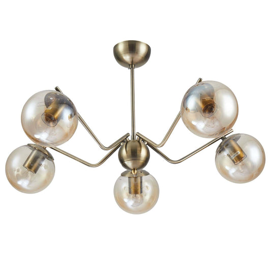 Amber Globe Glass Antique Brass Metal Spider Semi Flush Ceiling Light