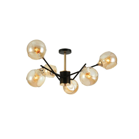 Amber Cut-out Globe Glass Black Gold Metal Sputnik Semi Flush Ceiling Light