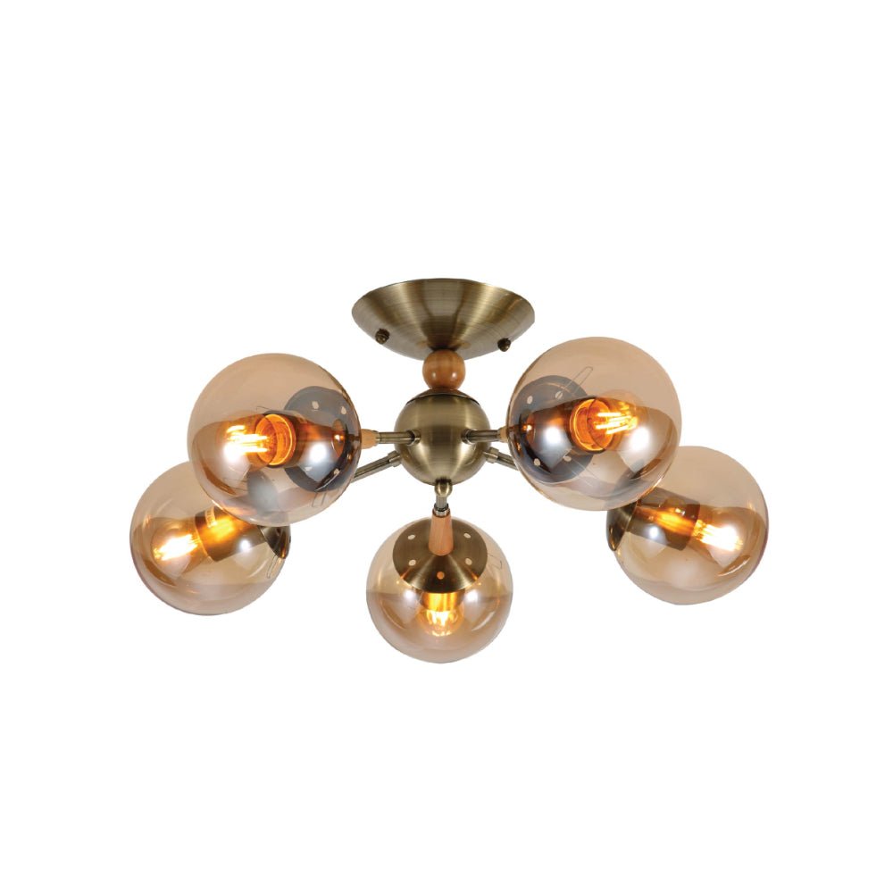 Amber Globe Glass Antique Brass Metal Wood Body Vintage Retro Molecule Ceiling Light E27 Fittings