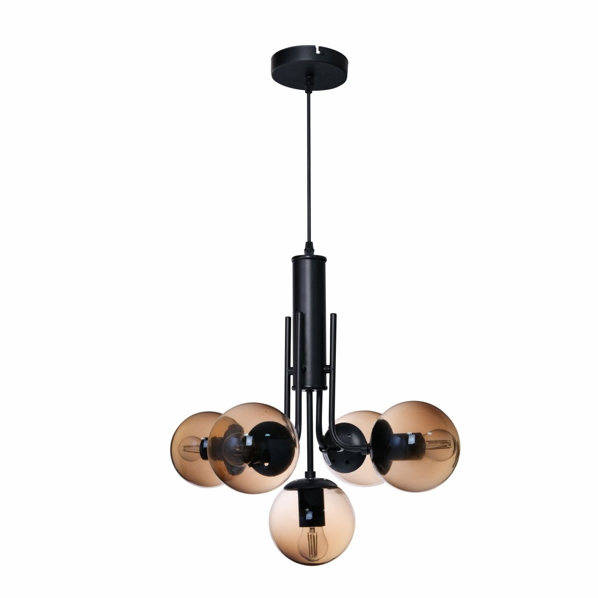 Main image of Amber Globe Glass Black Body Pendant Chandelier Light with 5xE27 Fittings | TEKLED 159-17410