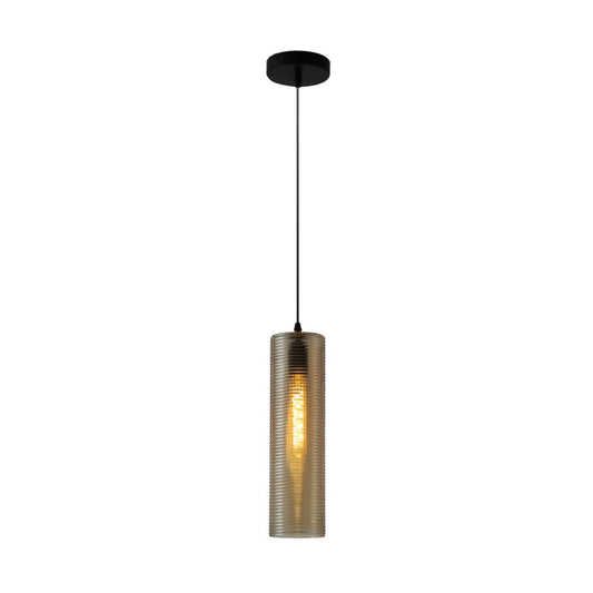 Brown-Silver-Amber Reeded Cylinder Glass Pendant Light E27 Fitting