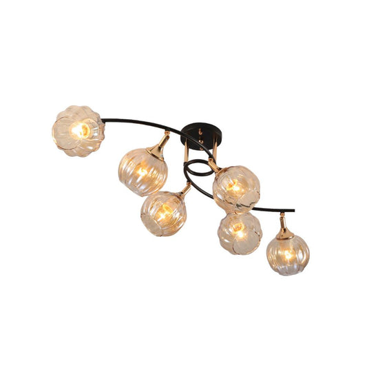 Amber Reeded Globe Glass Black Gold Metal Body Vintage Retro Semi Flush Ceiling Light E27 Fittings