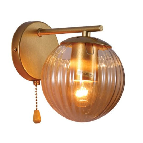 Main image of Amber Reeded Globe Gold Wall Light E27 Pull Down Switch | TEKLED 151-19790