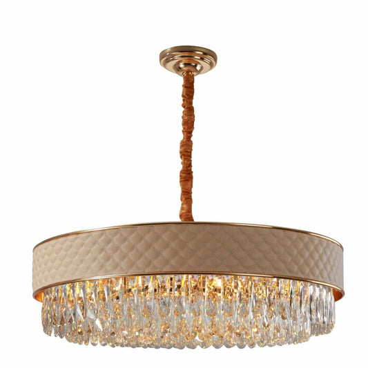 Black or Cream Leather Shade Gold Metal Body Crystal Chandelier Ceiling Light E14
