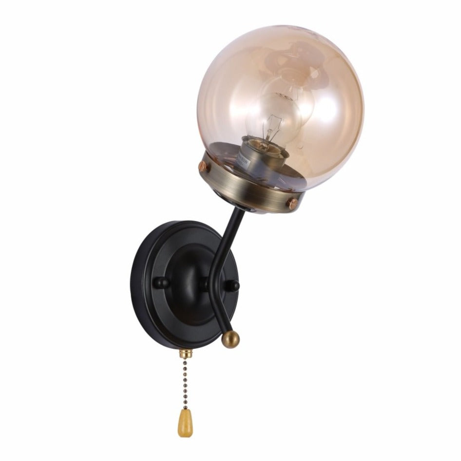 Amber Glass Antique Brass And Black Globe Wall Light E27 And Pull Down Switch's main image.