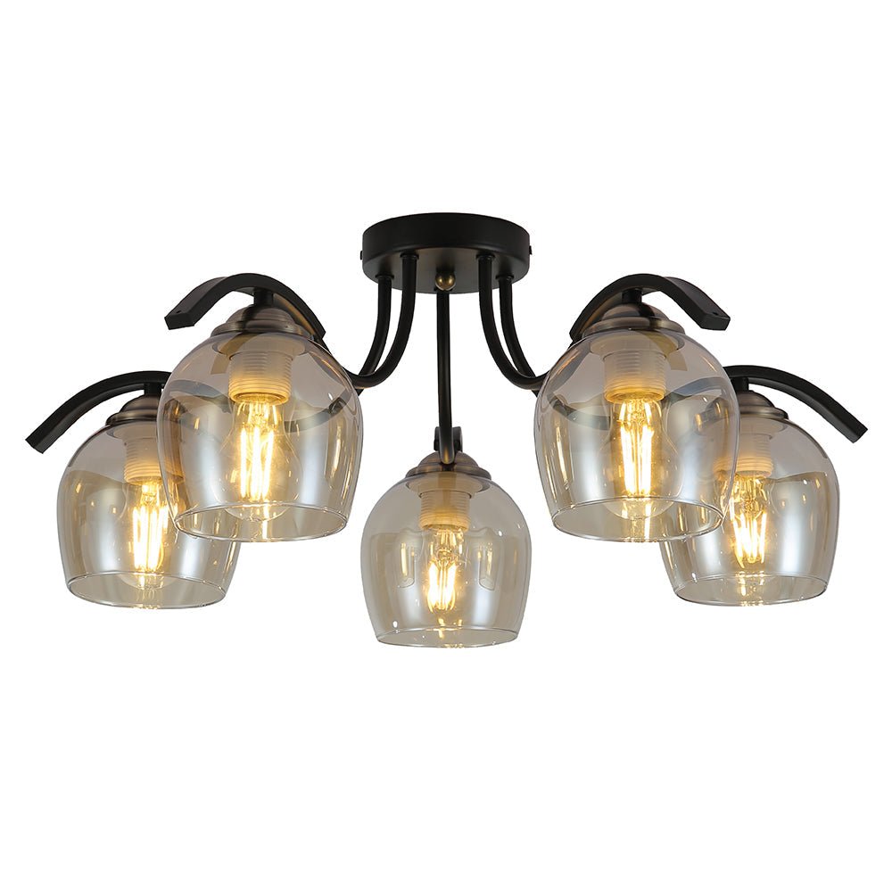 Amber glass black semi-flush ceiling light with 5xe27 main