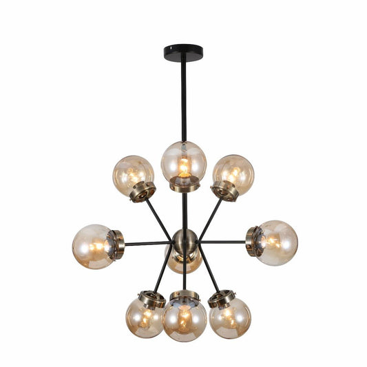Amber Glass Globe Black and Antique Brass Semi Flush Ceiling Light E27