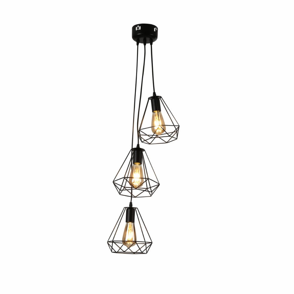 Main image of Black Metal Diamond Caged Funnel Single or Triple Pendant Ceiling Light with E27 | TEKLED 150-17380