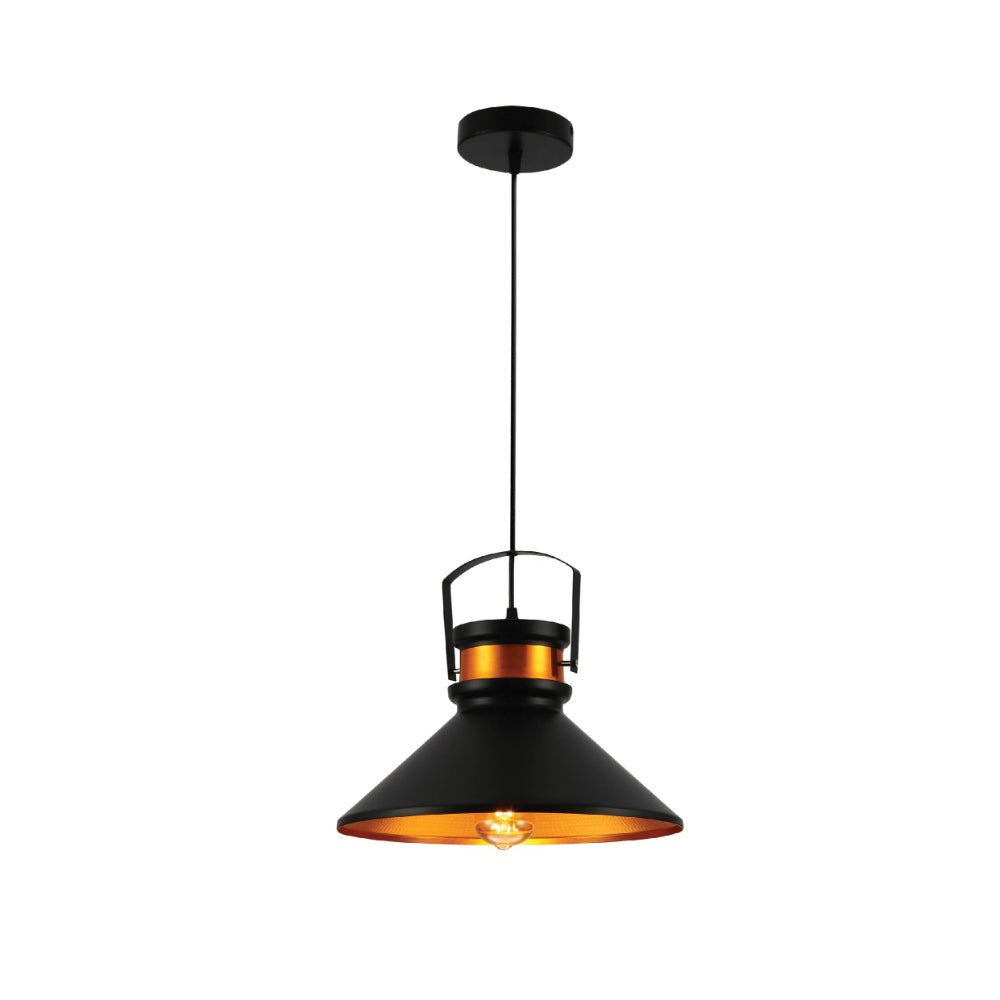 Main image of Loft Cafe Bar Counter Exhibition Hall Pub Aisle Indoor Black Funnel Handled Black Gold Metal Pendant Ceiling Light E27 | TEKLED 150-17818