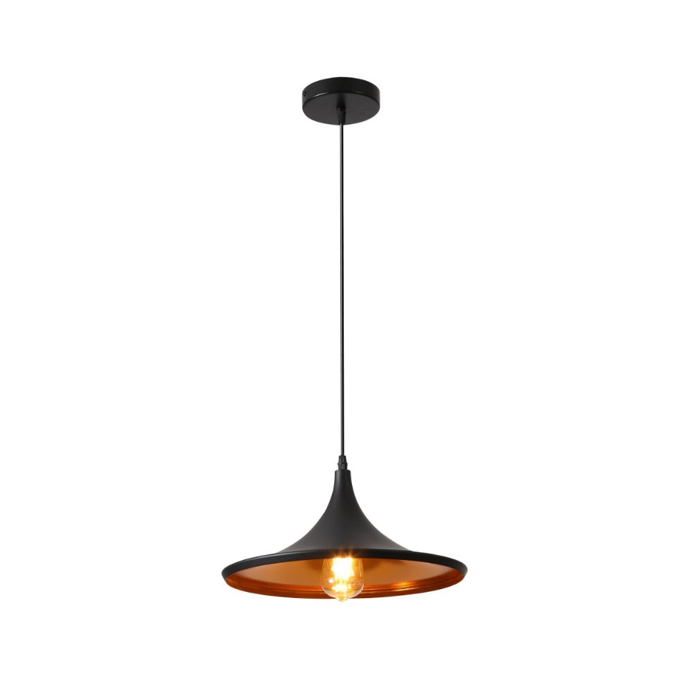 Main image of Penn Cone Schoolhouse Orient Flat Black Gold Metal Pendant Ceiling Light E27 | TEKLED 150-17914