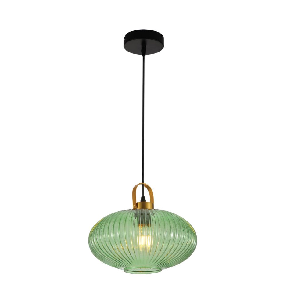 Main image of Sawyer Ribbed Fluted Reeded Maloto Lantern Green Glass Pendant Ceiling Light E27 Gold Handled  | TEKLED 150-18706