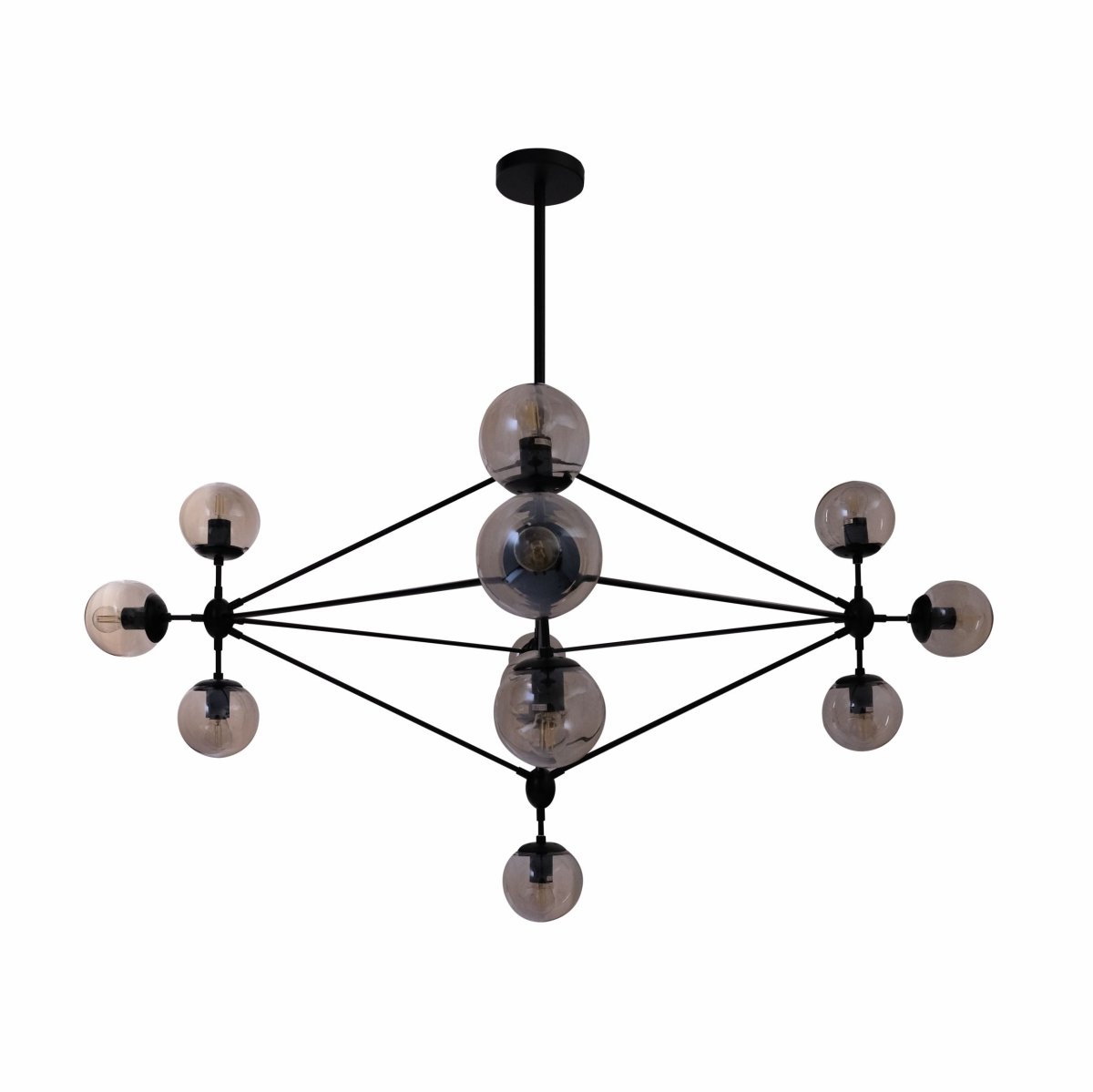 Main image of Molecule Shape Black Rod Metal Amber Glass Globe Chandelier with 13xE27 Fitting | TEKLED 156-19502