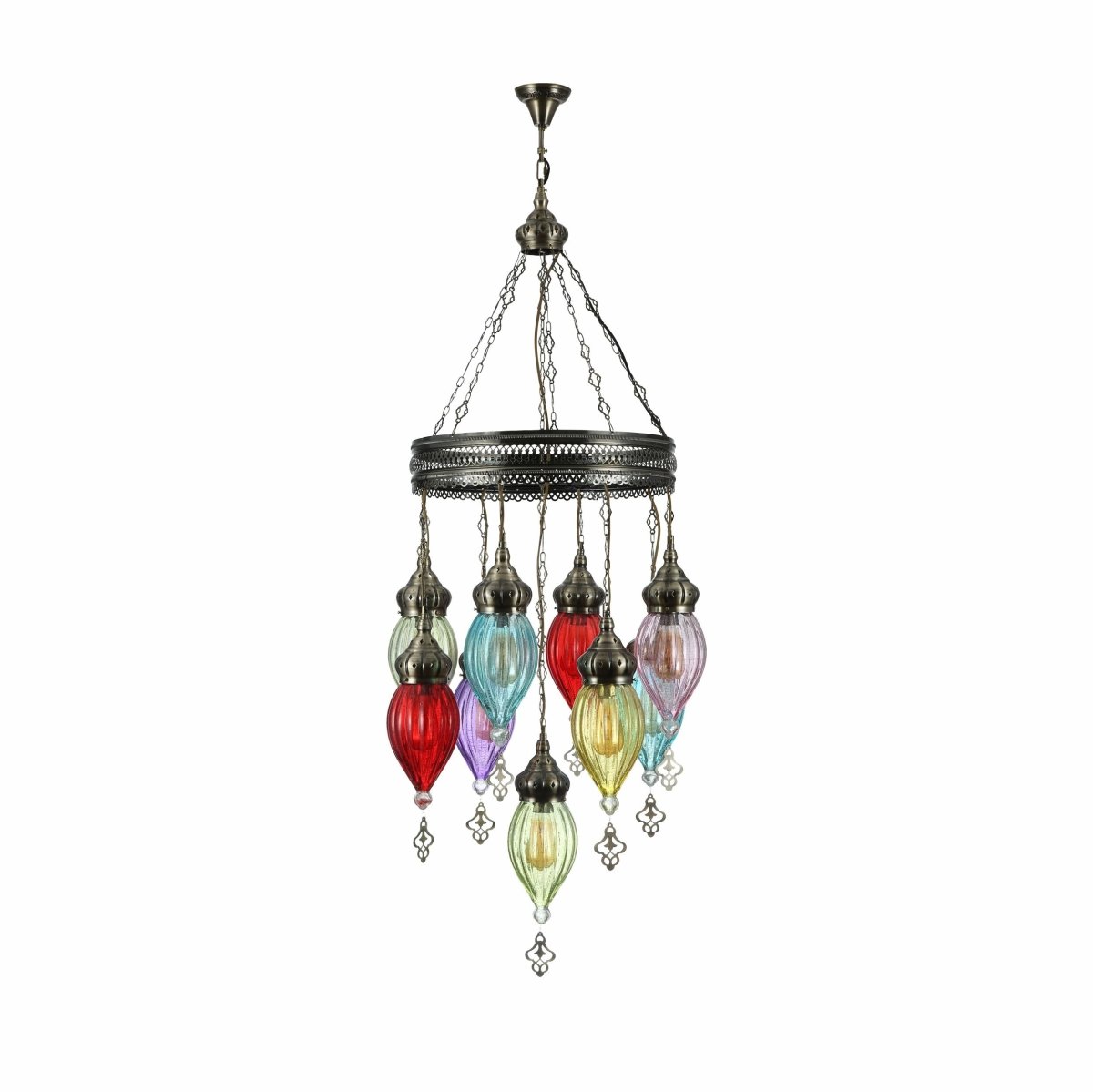 Moroccan Style Antique Brass and Multi Colour Glass Ceiling Chandelier Pendant Light E27