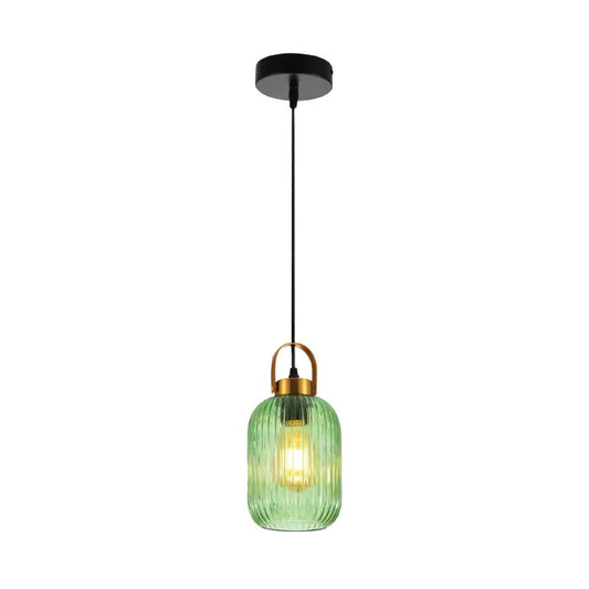 Main image of Sawyer Ribbed Fluted Reeded Maloto Lantern Green Glass Pendant Ceiling Light E27 Gold Handled | TEKLED 150-18704