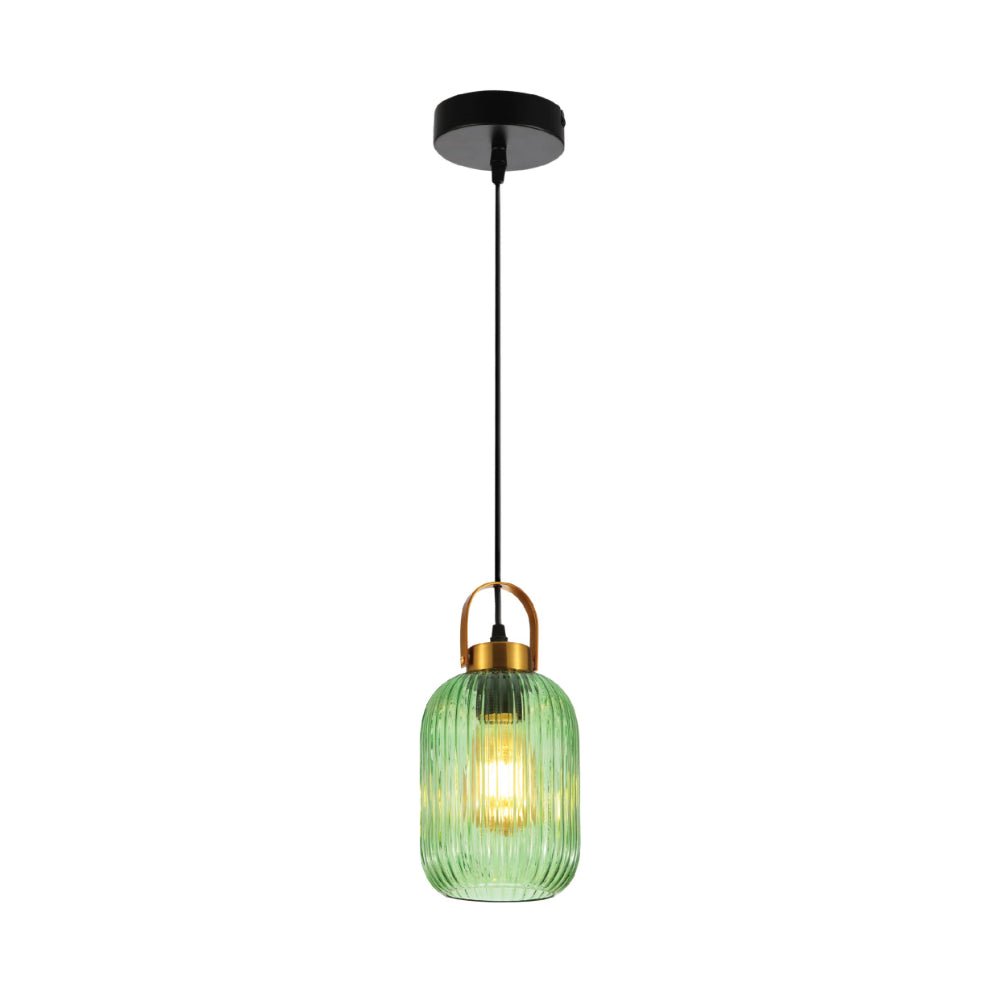 Main image of Sawyer Ribbed Fluted Reeded Maloto Lantern Green Glass Pendant Ceiling Light E27 Gold Handled  | TEKLED 150-18704