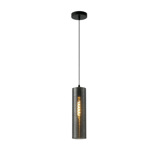 Brown-Silver-Amber Reeded Cylinder Glass Pendant Light E27 Fitting