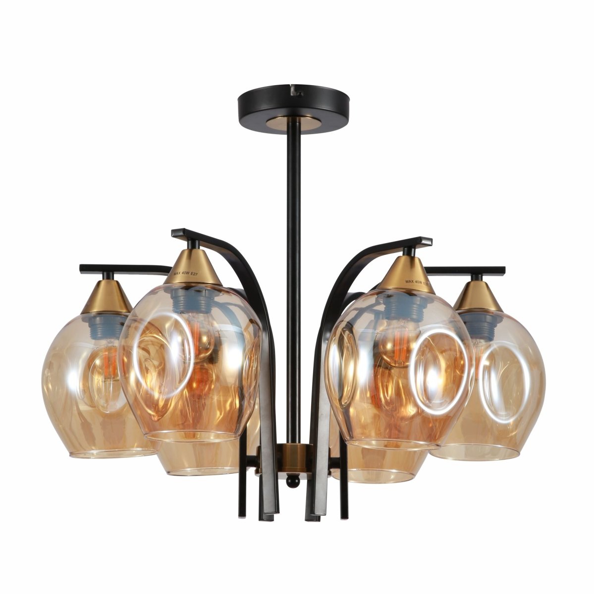 Main image of Snowdrop Amber Glass Black Body Semi Flush Ceiling Light with 6xE27 Fittings | TEKLED 159-17422