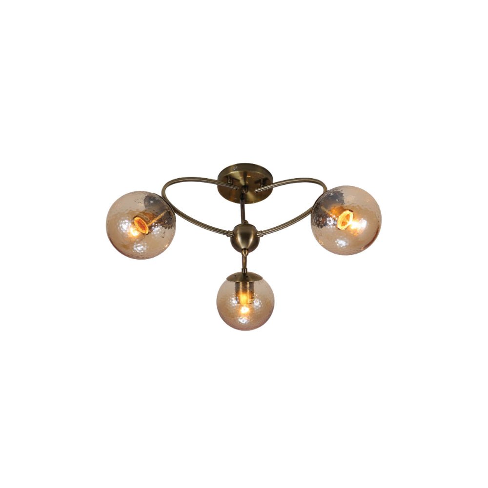 Textured Amber Globe Antique Brass Semi Circle Arm Semi Flush Ceiling Light