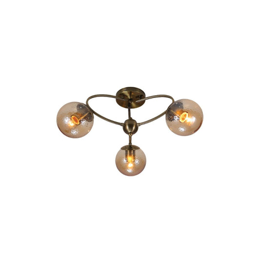 Textured Amber Globe Antique Brass Semi Circle Arm Semi Flush Ceiling Light