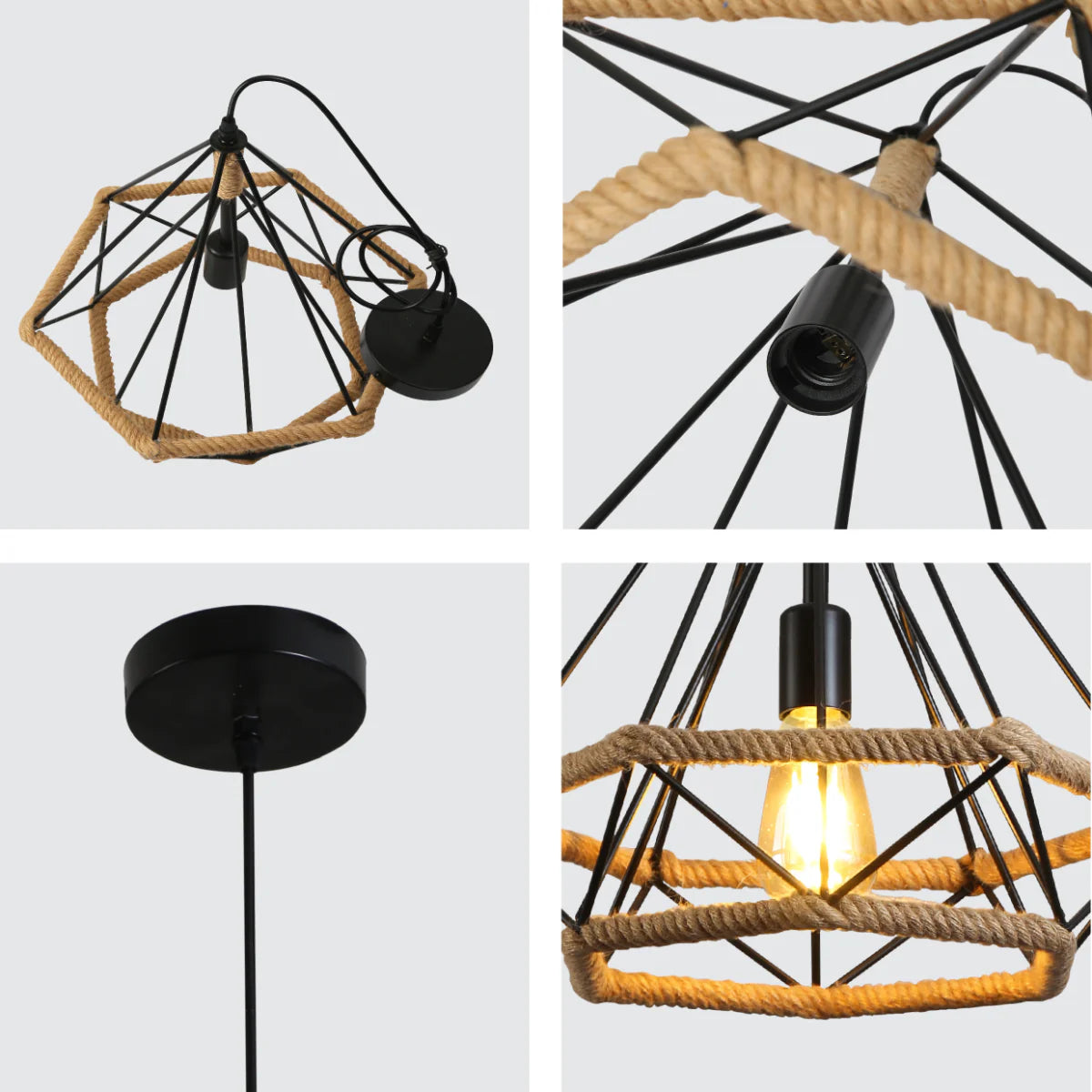 Close shots of Manila Hemp Rope Diamond Pendant Light Black E27 159-18122