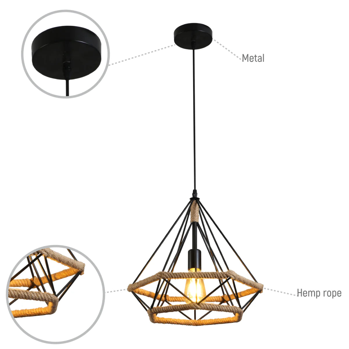 Lighting properties of Manila Hemp Rope Diamond Pendant Light Black E27 159-18122