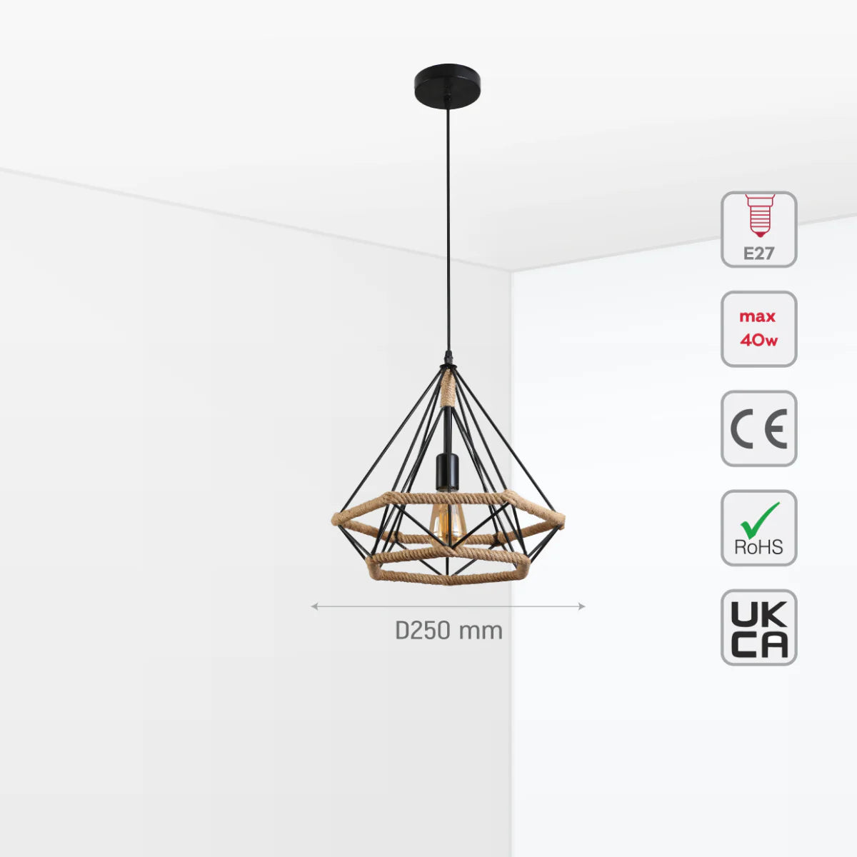 Size and certifications of Manila Hemp Rope Diamond Pendant Light Black E27 159-18122