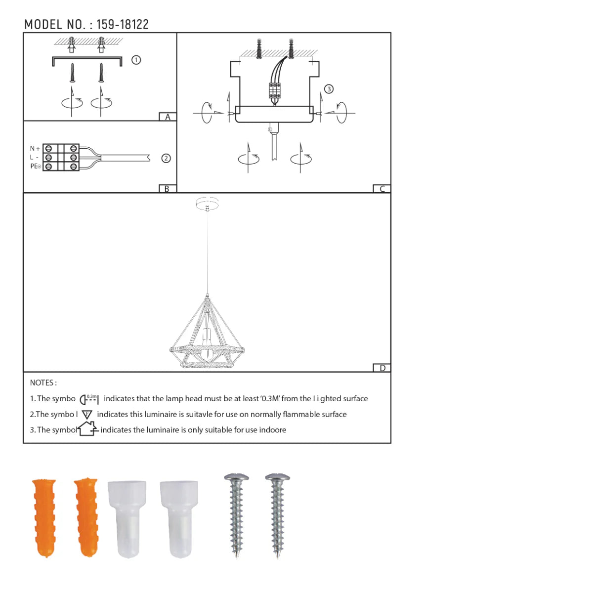 Technical specs of Manila Hemp Rope Diamond Pendant Light Black E27 159-18122