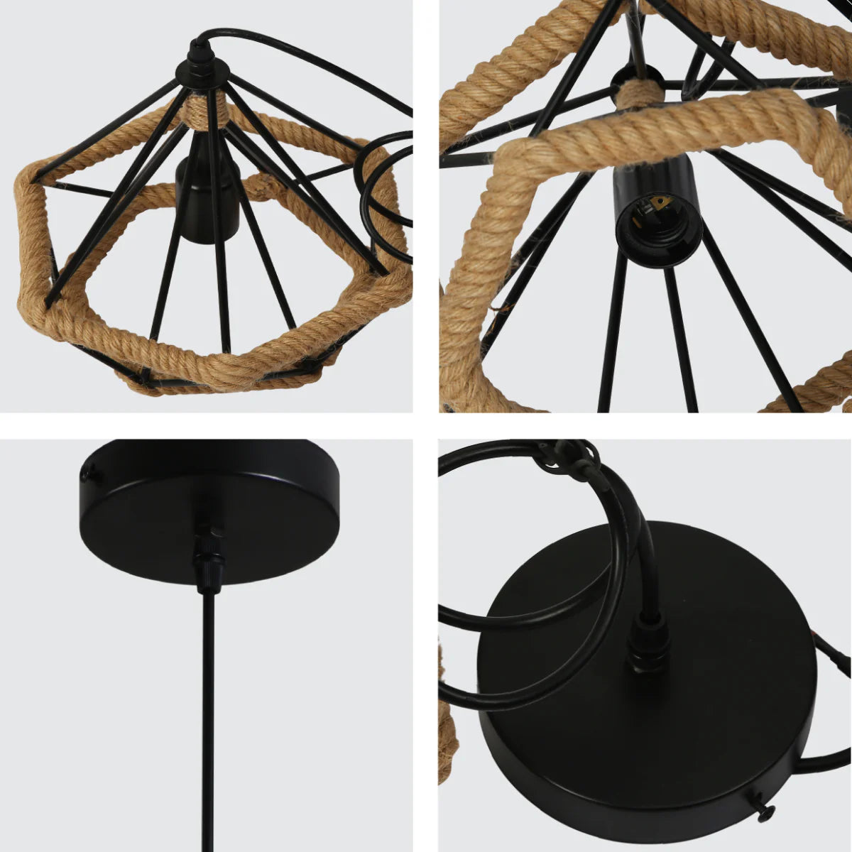 Close shots of Manila Hemp Rope Diamond Pendant Light Black E27 159-18123