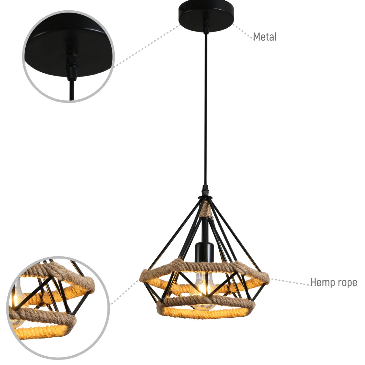 Lighting properties of Manila Hemp Rope Diamond Pendant Light Black E27 159-18123