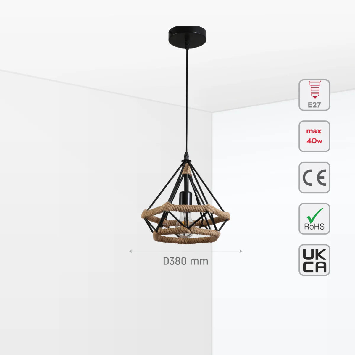 Size and certifications of Manila Hemp Rope Diamond Pendant Light Black E27 159-18123