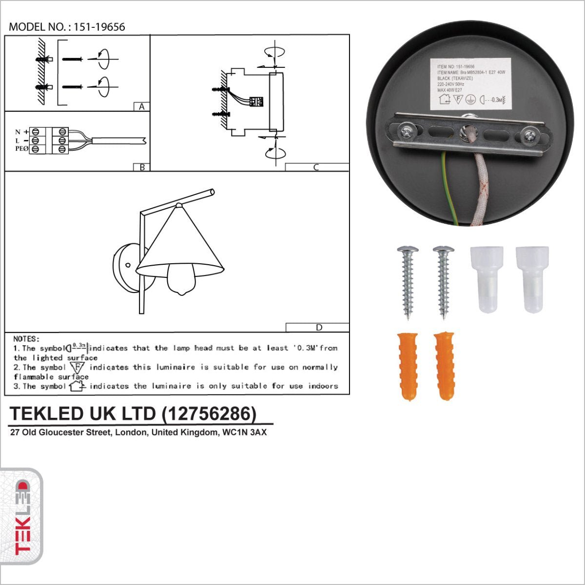 User manual for Black Metal Funnel Wall Light with E27 Fitting