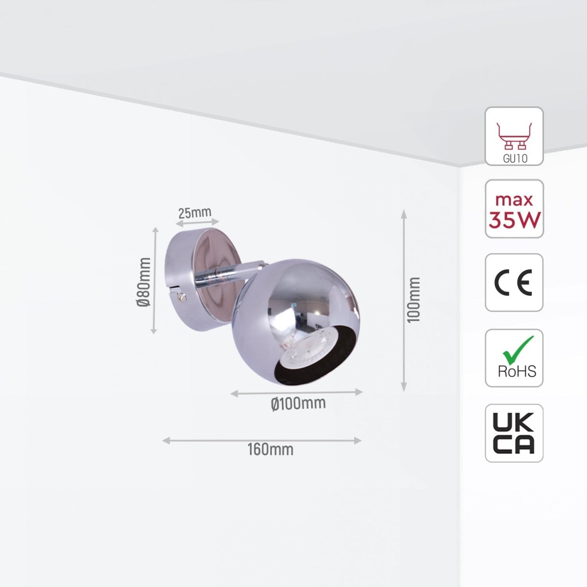 Size and specs of 1 Way Sphere Spotlight Chrome with GU10 Fitting | TEKLED 172-03110