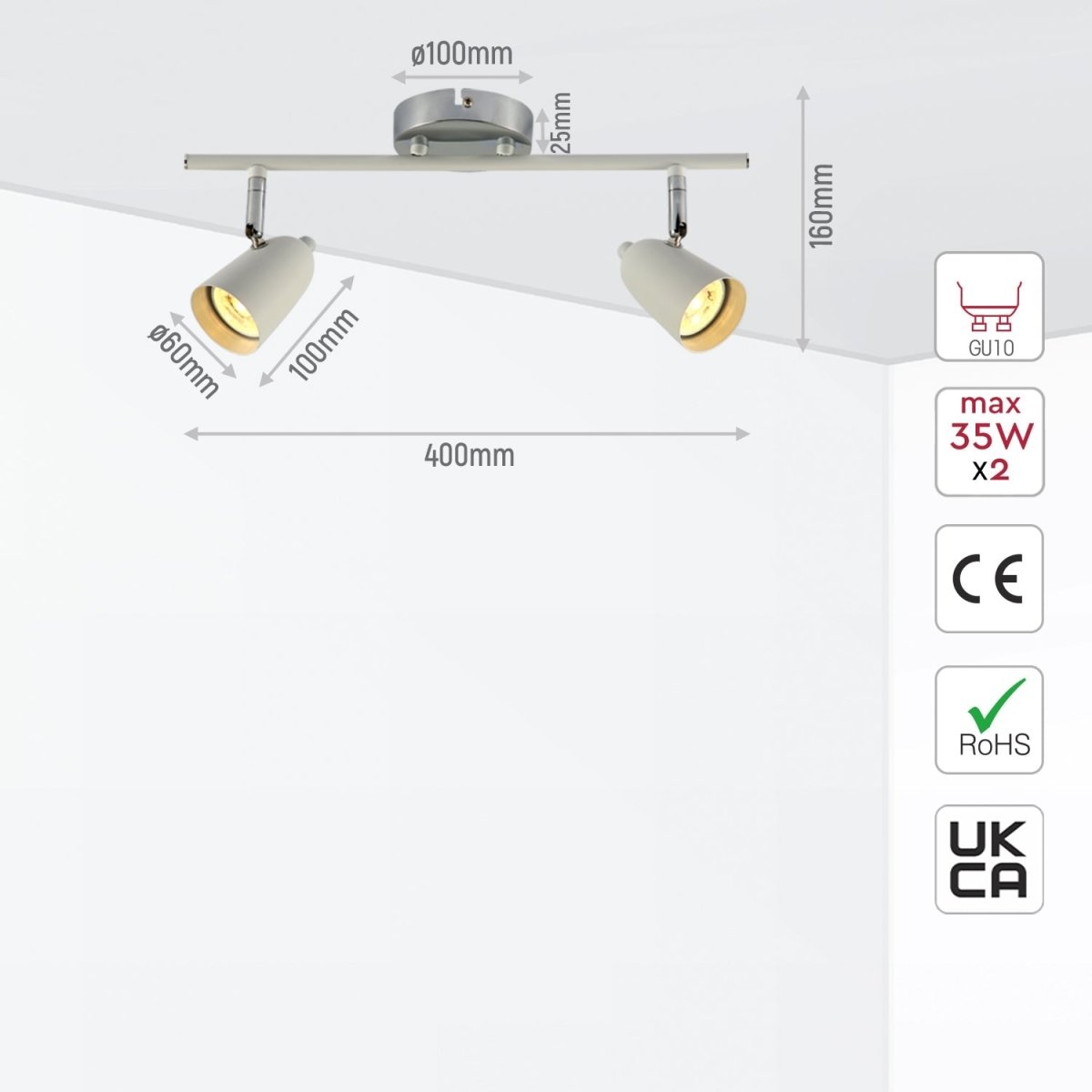 Size and specs of 2 Way Skurupp Rod Spotlight with GU10 Fitting Chrome White | TEKLED 172-03098