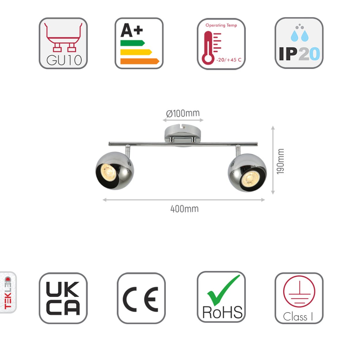 Size and specs of 2-way Sphere Rod Spotlight Chrome with GU10 Fitting | TEKLED 172-03112